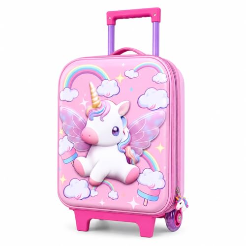 Image of PLUSPOINT Unicorn Theme Kids Trolley Bag | 16 Inch Hard Shell Cabin Luggage with Wheels & Telescopic Handle | Lightweight Travel Suitcase for Girls | School Trips, Vacations, Holidays & Weekend Travel