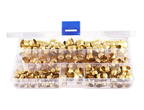 200 Pcs Tube Od 1/4'' 5/16'' 3/8'' 1/2" Compression Sleeves Ferrules Assortment Kit,Brass Compression Fitting #TOP3