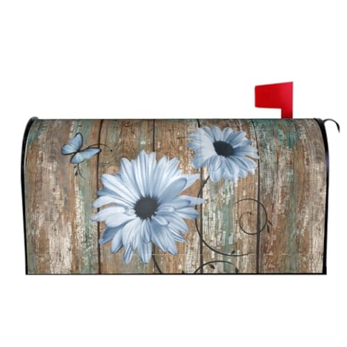 Image of Rustic Daisy Board Mailbox Cover Magnetic, Blue Sunflowers Vintage Wood Grain Plank Mailbox Wrap Letter Post Box Cover for Yard Garden Outside Home Decor, Large Size 25.5x21 Inch