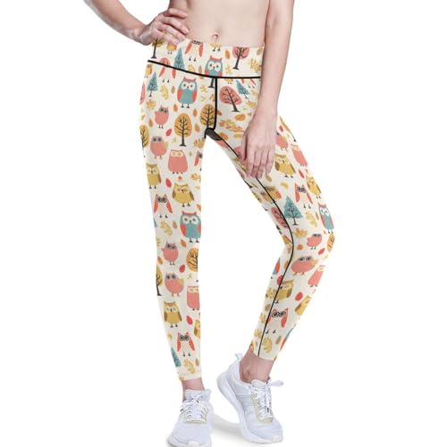 KLL Womens Yoga Leggings Tummy Control, Cute Colorful Owls and Trees, Ultra Soft Gym Sports Pants, X