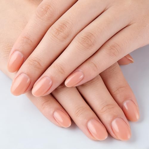 32 Pcs Peachy Pink Press On Nails Short Oval Fake Nails Almond Glossy Full Cover Glue on Nails Acrylic Repeatable Artificial Nail Translucent Color Bright Surface Stick On Nail for Women Manicure