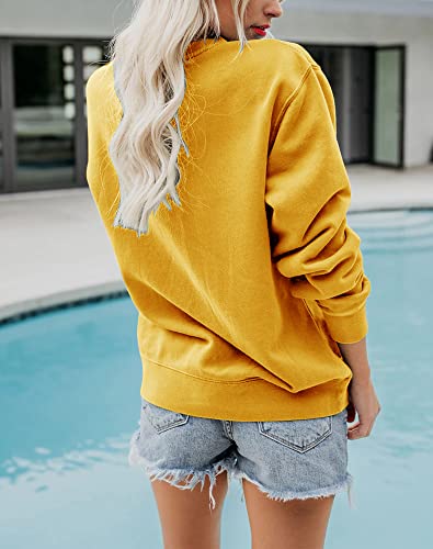 Hilltichu Women's Fall Long Sleeve Pullover Shirt Casual Round Neck Loose Tunic Tops (Medium, Yellow) #TOP1