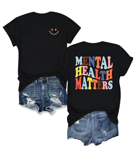 OCURHU Mental Health Matters Shirt Be Kind to Your Mind Motivational Cute Graphic Tshirt Loose Fit Tops Black M