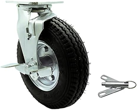 8" Pneumatic Swivel Caster with Brake and Bolt on Swivel Lock - Black Rubber Wheel - 300 lbs. Capacity - Service Caster Brand