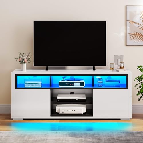 DWVO LED TV Stand for 55 Inch TV, Entertainment Center with 2 Storage Cabinet, 5 Open Shelves, Modern High Glossy Wood TV Console Table for Home, Living Room, Gaming Media Stand, Black & White