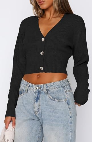 Balimtoy Cropped Cardigan Sweaters for Women Long Sleeve V Neck Knit Short Cardigan Button Up Sweater Trendy Fall Outfits3