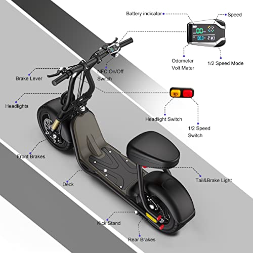 Say Yeah Diablo H10 Electric Scooter For Adult, 48V 12Ah Lithium Battery, 1000W Motor, Nfc Smart Start, 12" Air-Filled Tires, Up To 25 Mph，Economy Mode, Led Lights,Electric Scooter With Seat,Black #TOP1