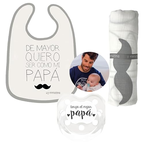 MIMUSELINA | Pack Regalos Dia del Padre | Incluye Chupete, Babero y Muselina de Algodón con Diseño de Papá | Ideal y Original Regalo para este Día del Padre | Regalos Originales Padres Primerizos