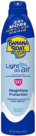 Banana Boat Light As Air Sunscreen Spray SPF 50, 9.5oz, Lightweight Sunscreen, Spray On Sunscreen, Body Sunscreen Spray, Non-Greasy Sunscreen, Oxybenzone Free Sunscreen, Family Size Sunscreen, 9.5oz