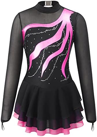 Loyan Kids Girls Shiny Ice Figure Skating Dress Mesh Long Sleeve Roller Skating Dance Competition Performance Costume Hot Pink 8 Years