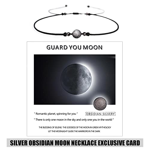 Silver Obsidian Moon Necklace - Meteorite Pendant - Adjustable Handmade Braid Necklace For Teen Girls - Matching Necklace Couple Necklace #TOP1