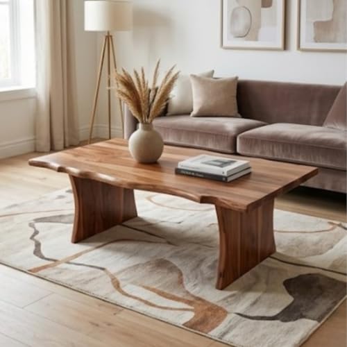 Image of Live Edge Sheesham Wood Coffee Table for Living Room | Solid Wood Center Tea Table with Artistic Curved Design | Modern Wooden Cocktail Unit for Home Office Lounge | Brown Finish