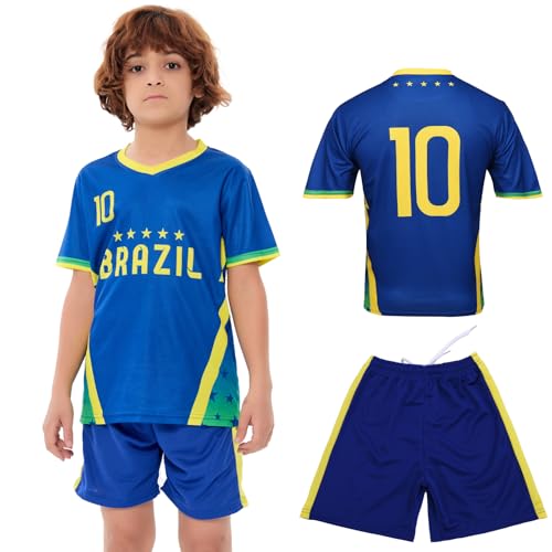 SURUIDA Soccer Jersey Kids Brazil Jersey #10 National Team Boys&Girls Soccer Shorts Youth Football Practice Jersey/Shirt Set Gift for Soccer Fans