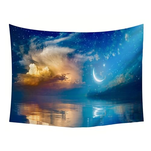 Tapisserie motif lune ciel étoilé drapé mural féerique marine 210x140