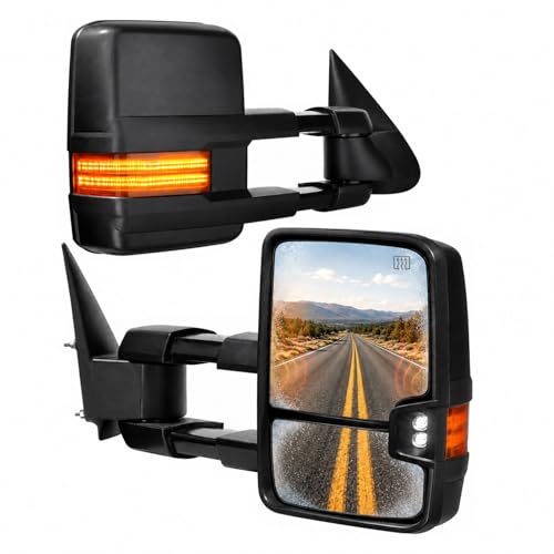 DimFlux Towing Mirrors Fit 2003 2004 2005 2006 Chevy Silverado GMC Sierra 1500 2500HD 3500(2007 Classic only) Power Adjusted Heated Glass Extended Tow Mirror Side Mirror w/LED Turn Signal Black