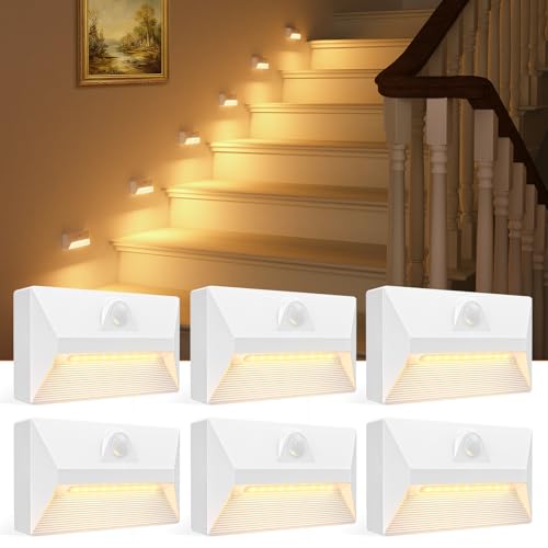 VOLISUN Motion Sensor Stair Light Rechargeable 6 Pack, Night Lights 3 Modes & 3 Color Temperatures, Magnetic Rechargeable Stick-On Lights for Stairs, Hallway, Cabinet(White)