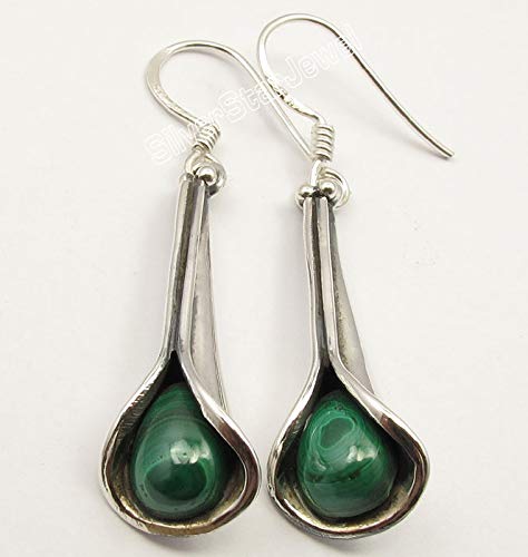 Natural Drop 6 x 9 mm Cab Malachite tcw 3.0 Earrings 1.7" Sterling Silver2