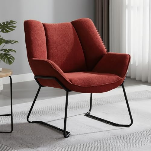 chairus Chenille Loungesessel für Wohnzimmer Balkon Modern Gepolstert Polsterstuhl Relaxsessel mit Metallbeinen (Dunkel Rot)