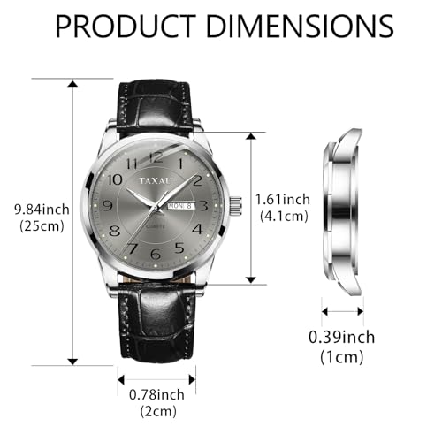 Taxau Mens Leather Watch Luxury Men's Wrist Watches Large Arabic Numerals Analog Quartz Waterproof Watch for Men Date Day Luminous Classic Mens Watch Grey Face Relojes para Hombres — view 6