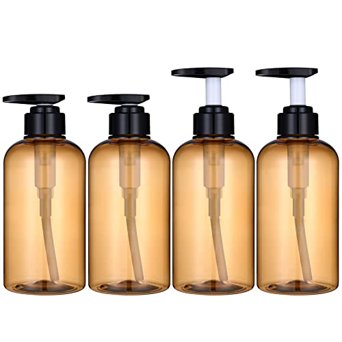 Plastic Shampoo Bottles With Pump, 10 Oz 4-Pack Refillable Shampoo And Conditioner Dispenser Containers Set, Large Empty Reusable Bathroom Shampoo Bottle For Shower Body Wash, Amber #TOP10