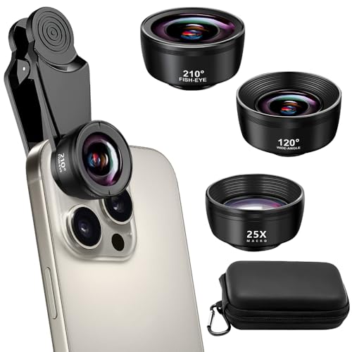 Nzkeuf 3 en 1 Objectif Telephone Portable, Objectifs pour Téléphones Portables, 120° Grand Angle, 25x Macro, 210° Fisheye, Kit d'objectifs pour la Plupart des Smartphones