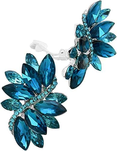 Rosemarie Collections Women's Dazzling Crystal Marquis Leaf Cluster Statement Clip On Earrings, 1.87" (Aqua Blue Crystal Silver Tone)