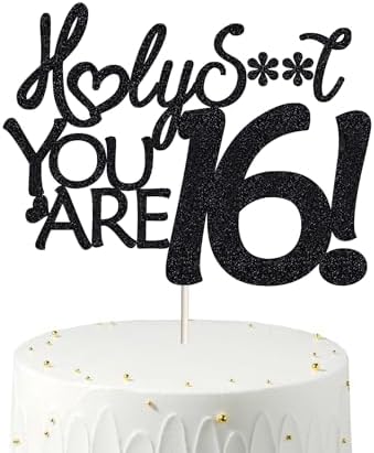 veegood Happy 16th Birthday Cake Topper Funny 16th Birthday Decorations for Teens 16 Birthday Cake Toppers-Black Glitter boys 16th birthday decorations,Sixteen Cake Topper For girl