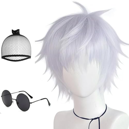JoneTing Silver Spiky Wig A Cap+A Glasses Short Silver Curly Wig for Men Light Silvered Anime Wigs With Bang White Cosplay Hair for Halloween Cosplay Party Peluca for Party Costume Outfits