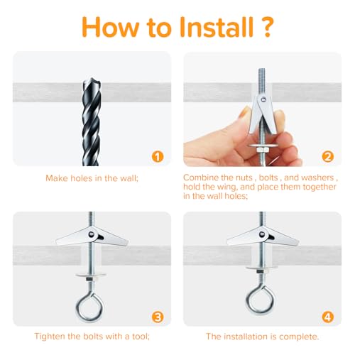 Lyeteung 4 Sätze M6 Federklappdübel, Kippdübel Geschlossener Haken, Gipskarton-Deckenhaken, mit Sechskantmuttern, Unterlegscheiben, für Trockenbau, Hohlwand, Planke, Hängepflanzen