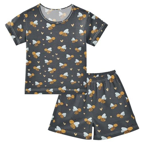 Vdsrup Cute Bees Summer Pajamas Set Short Cotton Hearts Sleepwear 2 Piece Unisex 5Y