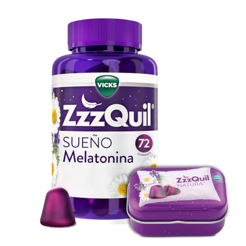 ZzzQuil Natura Gummies de Melatonina 1mg con Valeriana, Complemento Alimenticio para dormir sabor Frutos del Bosque, 72 Gummies y Cajita de Viaje