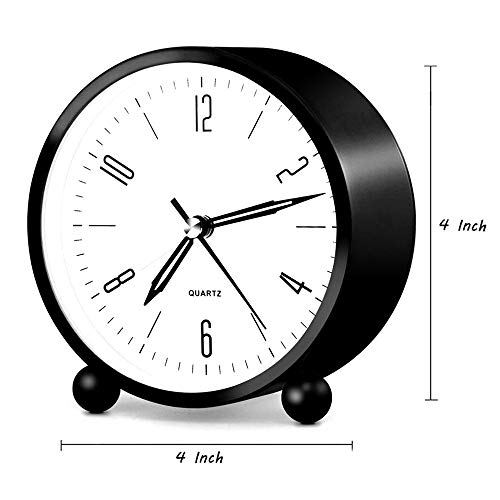 HeQiao Silent 4 Inch Metal Table Alarm Clock with Night Light (Bright Black) - Thumbnail 3