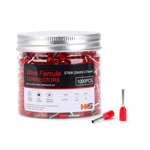 HKS 1000PCS Wire Ferrule Connectors - AWG 20-0.75mm² Copper Barrel Pin Cord Ends Insulated Ferrules Terminals - E7508 Red