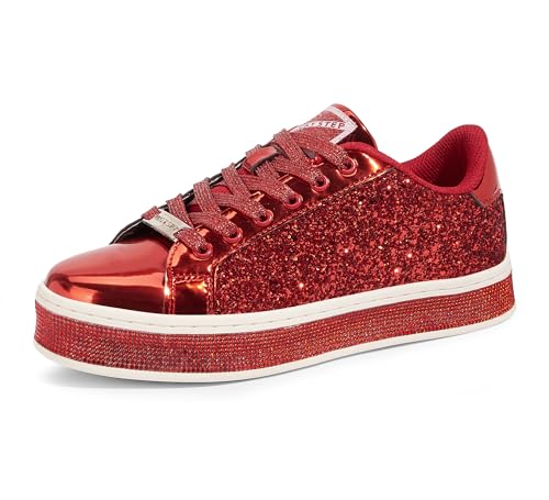 LUCKY STEP Womens Platform Glitter Sneakers | Sparkly Bling Shiny Dressy Bedazzled Wedding Bridal Fashion Walking Shoes (Red 9 B(M) US)