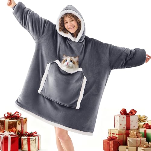 JOYWOO Wearable Blanket Hoodie,Oversized Cat Lovers Sweatshirt Blanket for Adult & Teens,Birthday Gifts for Teen Girls Boys Women,Cozy Fuzzy Sherpa Sweatshirt Blanket Giant Pocket Gifts,Grey Small