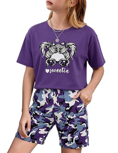 Image of mksodopy Girls Summer Clothse Graphic Print Front and Back High and Low Irregular T-shirt Cycling Shorts Set