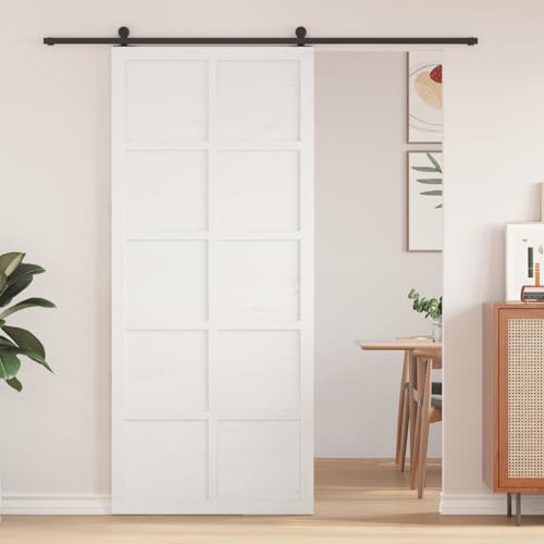 Scheunentür Weiß 100 x 210 cm Massivholz Kiefer, Schiebetürbeschlag Set Barn Door Schiebetürsystem für Innenräume Schlafzimmer Badezimmer Flur