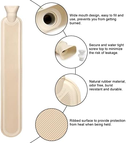 Long Hot Water Bottle with Fluffy Cover, Large 2L Capacity Hot Water Bottle with Soft Premium Faux Fur Cover, 73cm Rubber Hot Water Bag for Neck, Waist, Abdomen, Legs(Khaki)