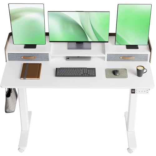 Image of Claiks Standing Desk with Drawers & Wheels, 2 Height Shelf 48inch White