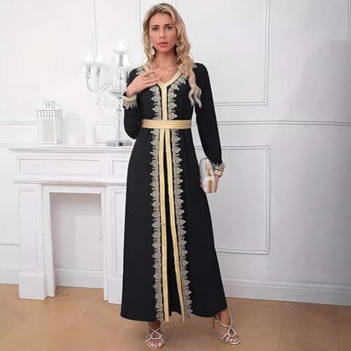 Image of FYMNSI Women Muslim Abaya Dress Islamic Dubai Modest Lace Belted Dress Abayas Kaftan Eid Prayer Clothes Arabian Maxi Robe
