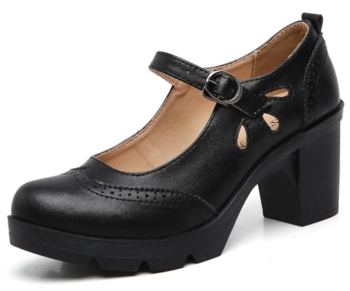 DADAWEN Women's Leather Classic Mary Jane Ankle Strap Round Toe Mid Heel Platform Pumps Oxfords Dress Shoes