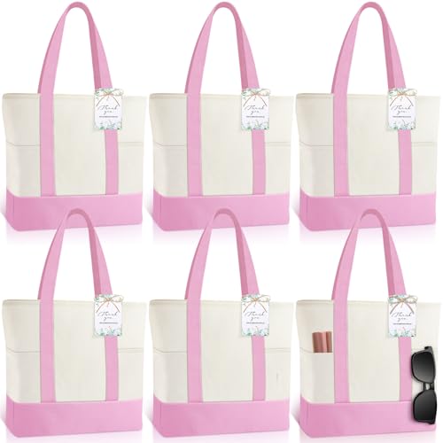 Shinylin 6 Pcs Mini Canvas Tote Bags with 2 Pockets, Pink and Beige