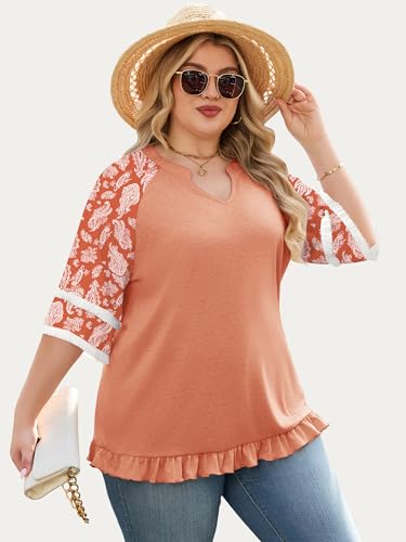 HDLTE Womens Plus Size V Neck T Shirts Summer Half Sleeve Casual Loose Tees Color Block Fashion Tunic Tops with Tassel Pink — view 3