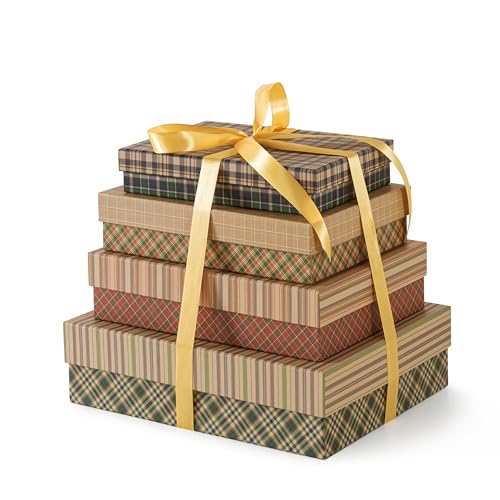 Es With Lids - Set Of 4, Plaid Holiday Gift Boxes With Ribbon In Green And Red, Reusable Large Nesting Festive Storage For Presents And D&eacute;cor