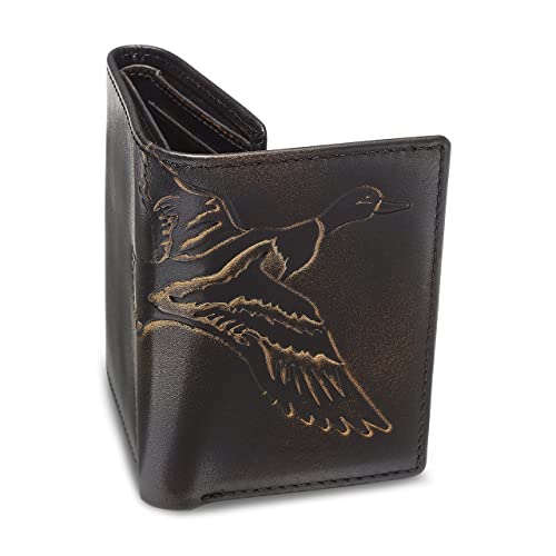 Image of House of Jack Co. Duck Men's Trifold Wallet, Full Grain Leather Hunting Wallet with ID Window, 8 Card Slots, Camo Lining, Embossed Duck, Duck Hunter Gift, Black
