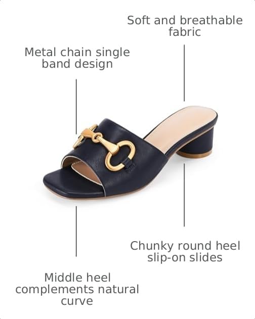 Image of Coutgo Womens Heeled Slides Sandals Square Open Toe Slip on Comfortable Kitten Block Low Heel Metal Chain Dressy Shoes