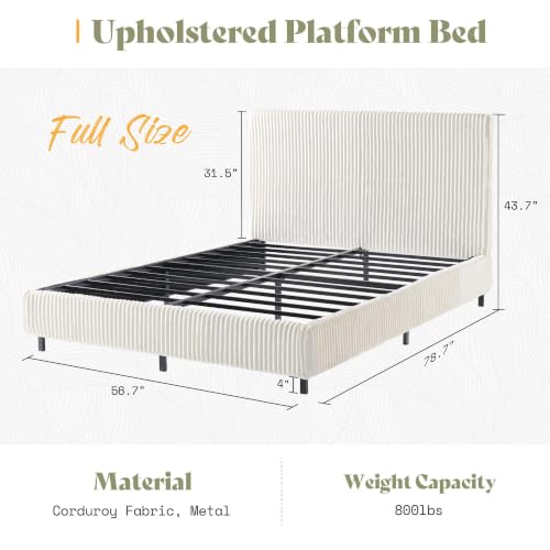 Image of AMERLIFE Full Bed Frame, Upholstered Metal Platform Bed, Cream | White Full Upholstered Bed with Vertical Channel Tufted Headboard, Strong Metal Slats /Noise-Free /Easy Assembly