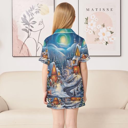 ALAZA Christmas Mountain Winter Castle Satin Pajamas Set Short Sleeve Button Down Sleepwear Summer Pjs 2 Piece4