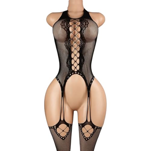 Bexbchh Womens Fishnet Bodystocking Mesh Bodysuit One Piece See-through Fishnet Jumpsuit Sheer Lingerie Dress Clubwear (YA44-Black)
