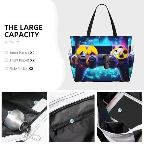Neon Video Game Controller Large Capacity Travel Bag Lightweight Shopping Handbag Beach Tote Bags Casual Work Bag3